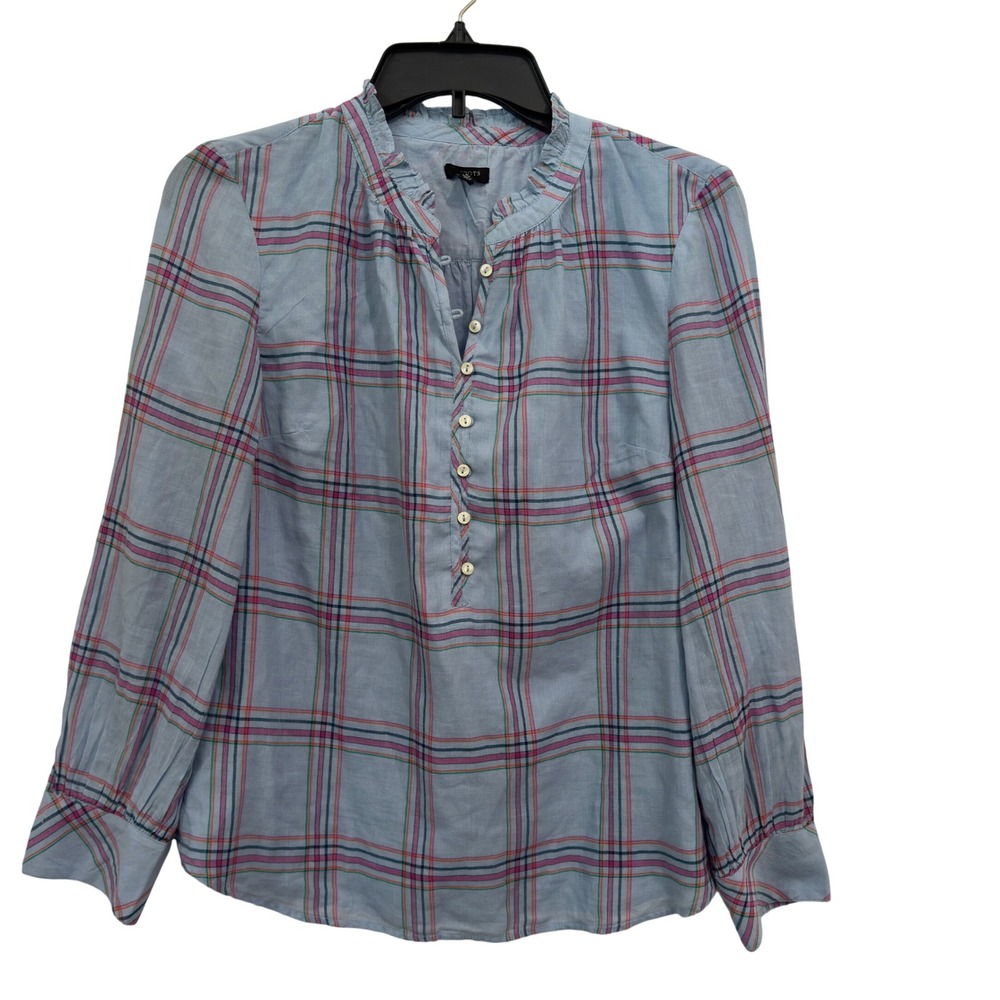Talbots Petite Blouse Blue Pink Plaid Cotton Ruffle Collar Long Sleeve Preppy SP